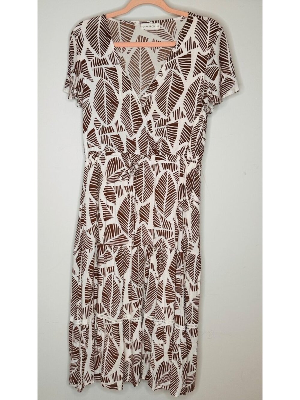 Botanical Leaf Print Midi Faux Wrap Dress Size 10 Retro Boho Cottagecore Prairie - Picture 2 of 9